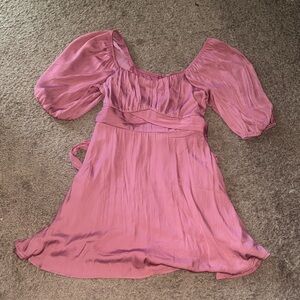 Francesca’s Pink Ruffled Neckline Satin women Dress